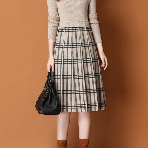 Women's Plaid Checkered Color Block A Line Pleated Knit Midi Dress - Picture 3 of 4